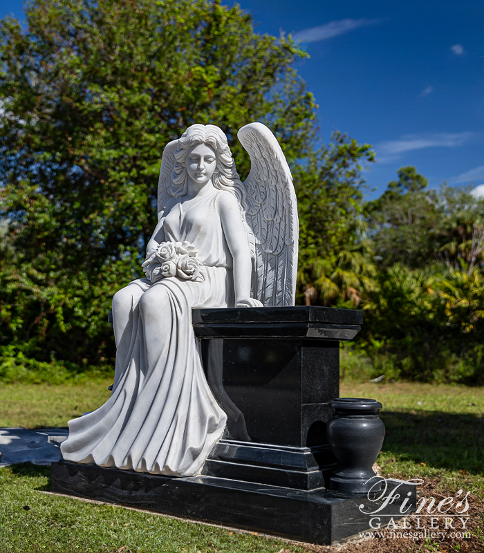 Marble Memorials  - White Marble Angel With Black Granite Bench And Urns - MEM-519